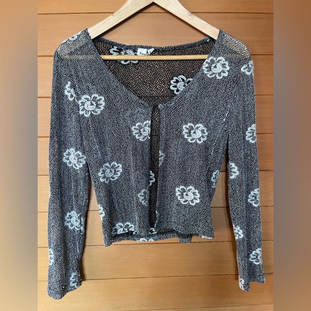 Fina Fina Women's Sheer Gray Floral Cartigan Size Small